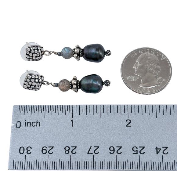 Estate Sterling Silver 925 Pebble Square Black Pearl Labradorite Drop Earrings - Picture 7 of 8